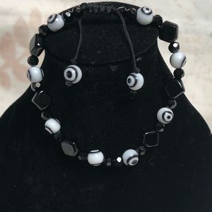 Hand Made Adjustable Macrame Bracelet w/ Blk Crystal & Onyx & Evil Eye